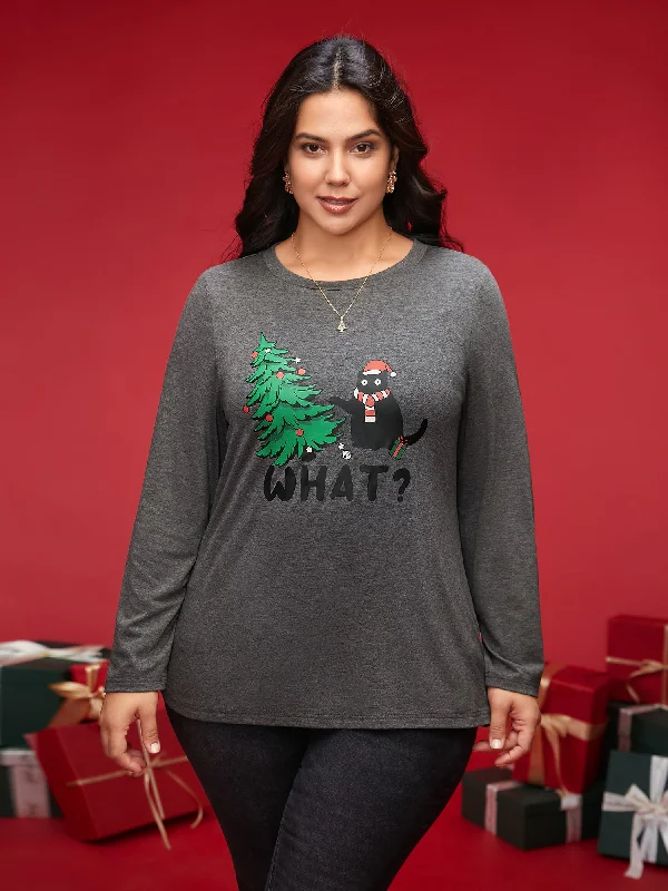 Festive Cat And Tree Printed Slim-Fit Tee