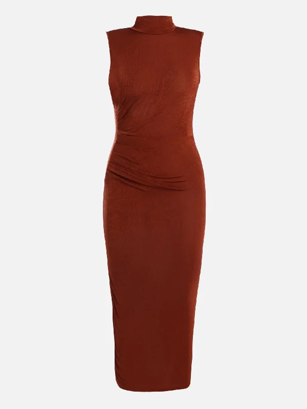 Turtleneck Pleated Waist Midi Dress