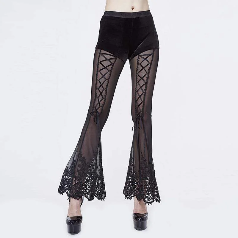 Women's Goth Floral Lace Sheer Bell-bottoms