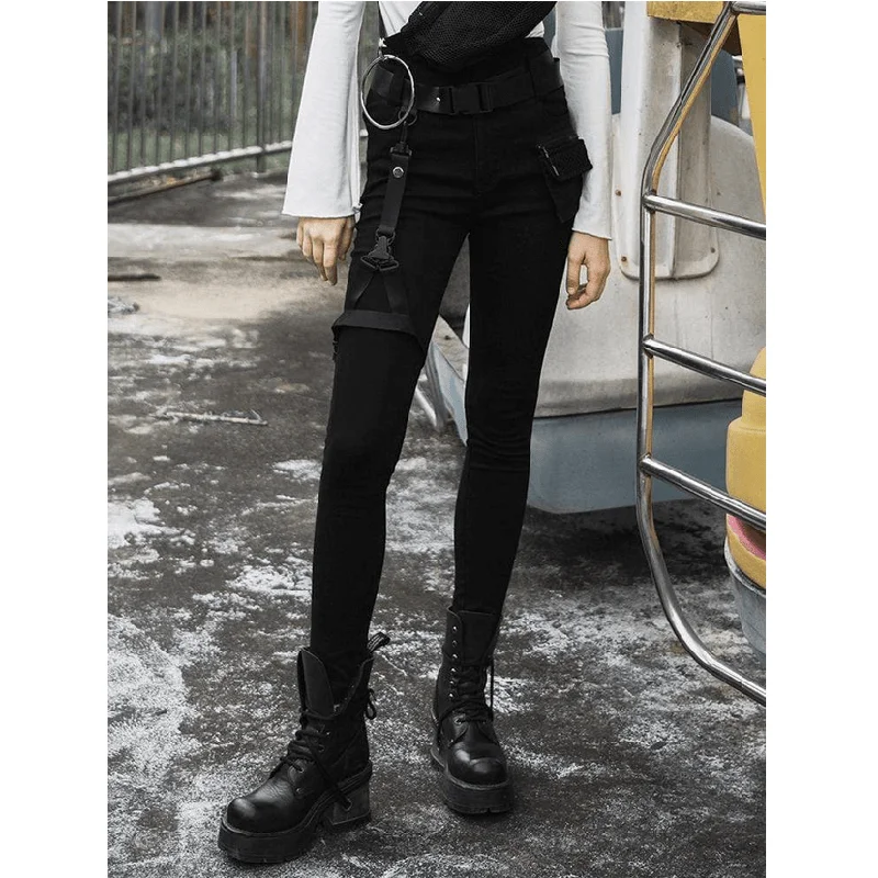 Women's Goth High-waisted Straps Skinny Jeans