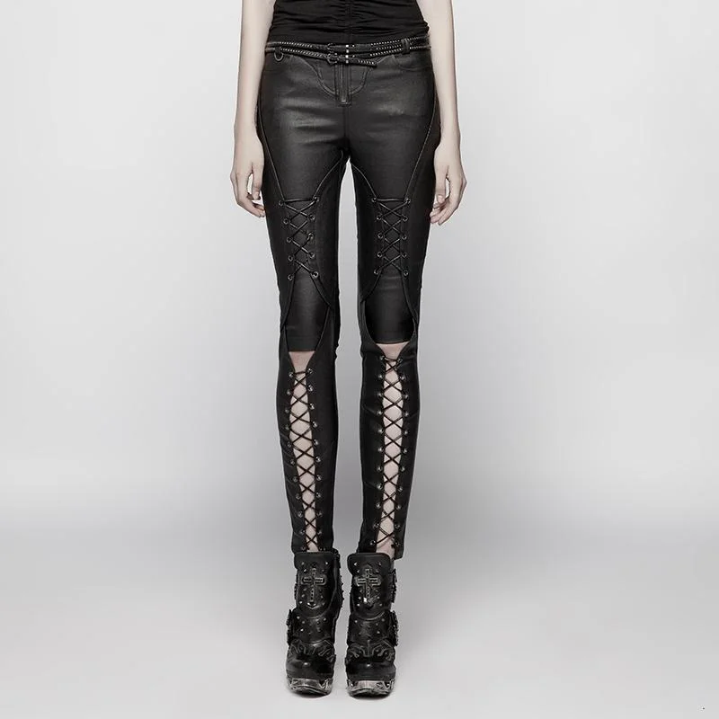 Women's Punk Faux Leather Woven Pants