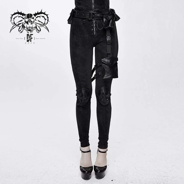 Women's Punk High-waisted Lacing Skinny Pants With Waist Bag