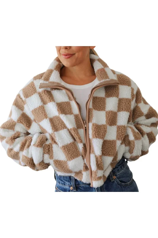 Checkered Teddy Jacket In Taupe