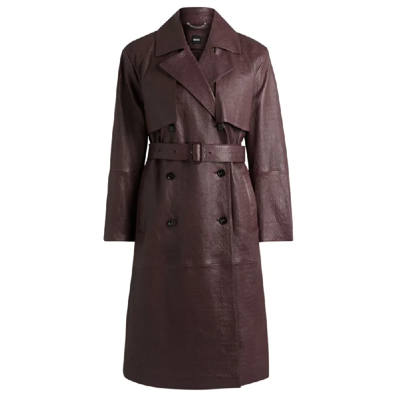 Double-breasted trench coat in crocodile-patterned leather