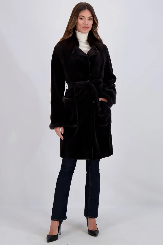 SHEARED MINK SHORT COAT WITH SABLE COLLAR, BELT